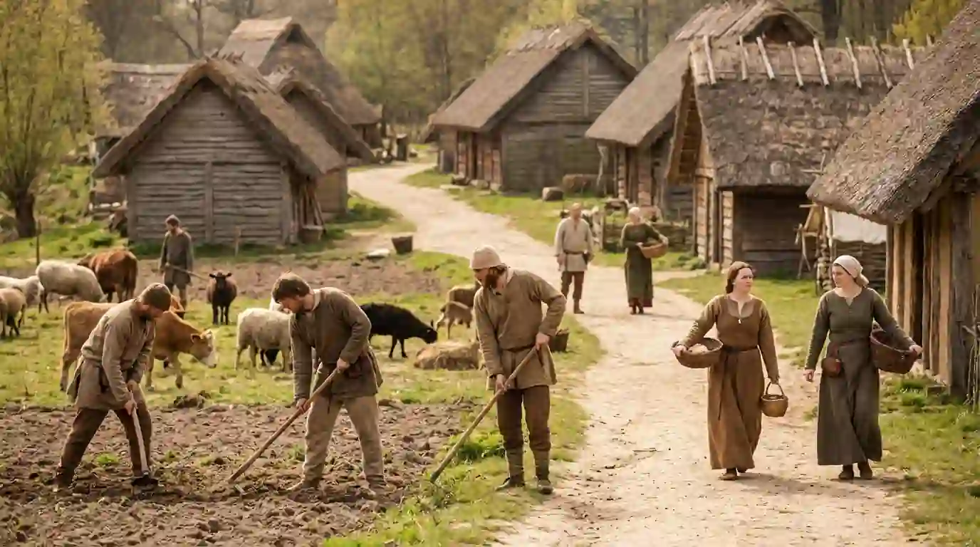 Early medieval European village scene with wooden huts and farmers