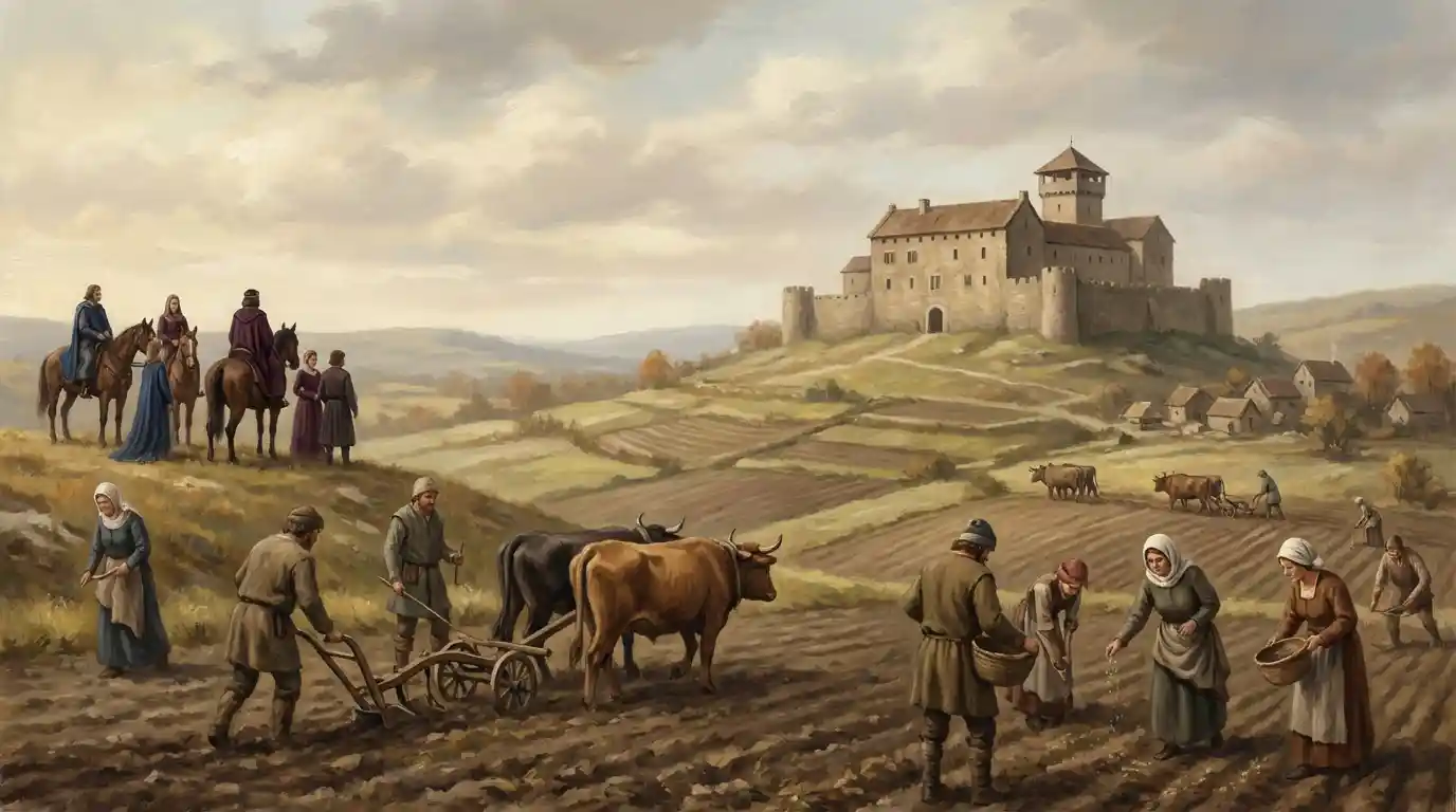 Symbolic medieval feudal landscape with a stone manor on a hill