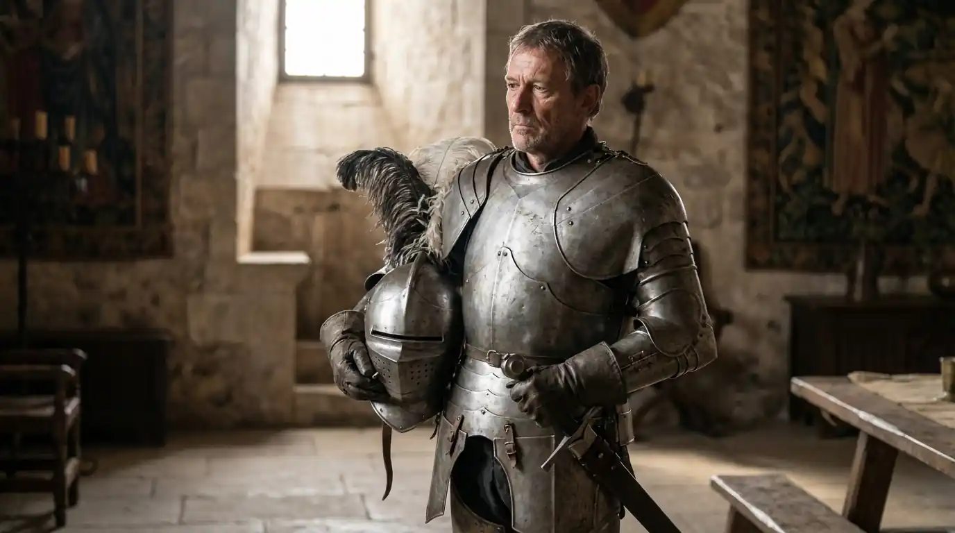 Medieval knight standing calmly in full armor in soft dramatic lighting