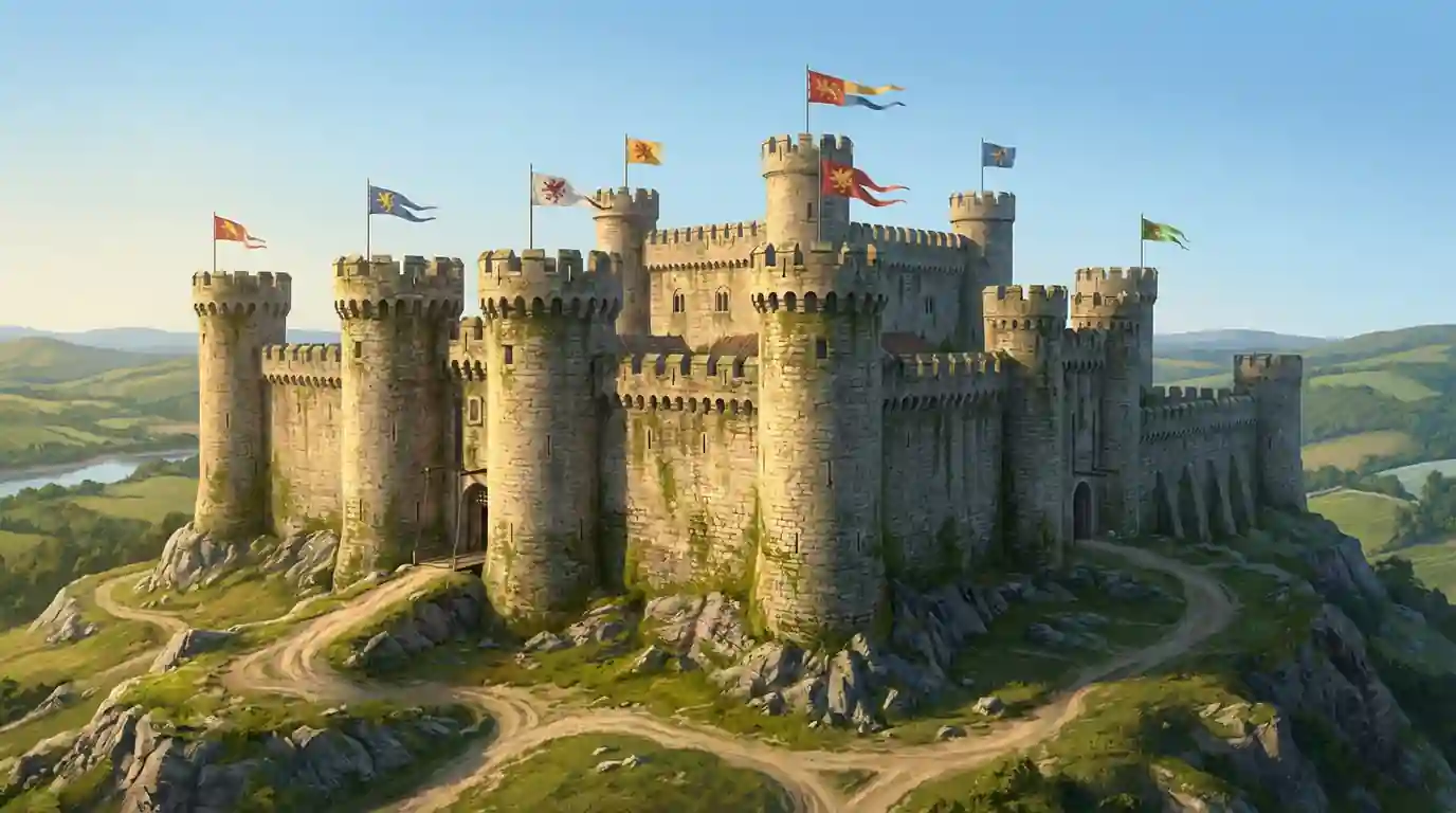 Grand medieval stone castle on a hilltop with towers and banners