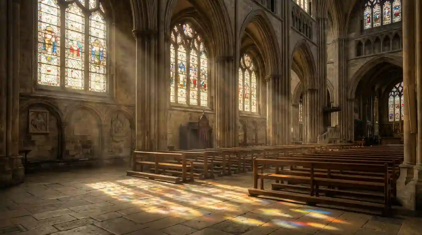 Interior of a majestic medieval cathedral with sunlight through stained glass