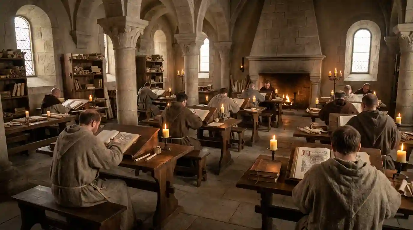 Medieval scriptorium with monks copying manuscripts by candlelight