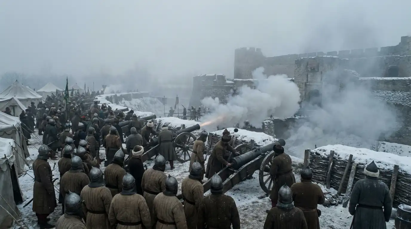 Siege of Kanije with cannons and foggy battlefield