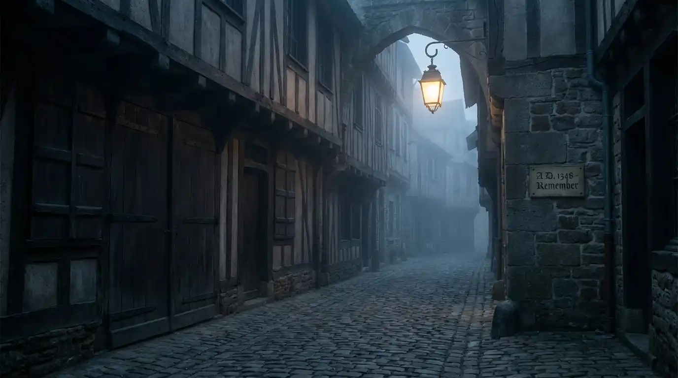 Symbolic medieval street during plague period, empty and foggy