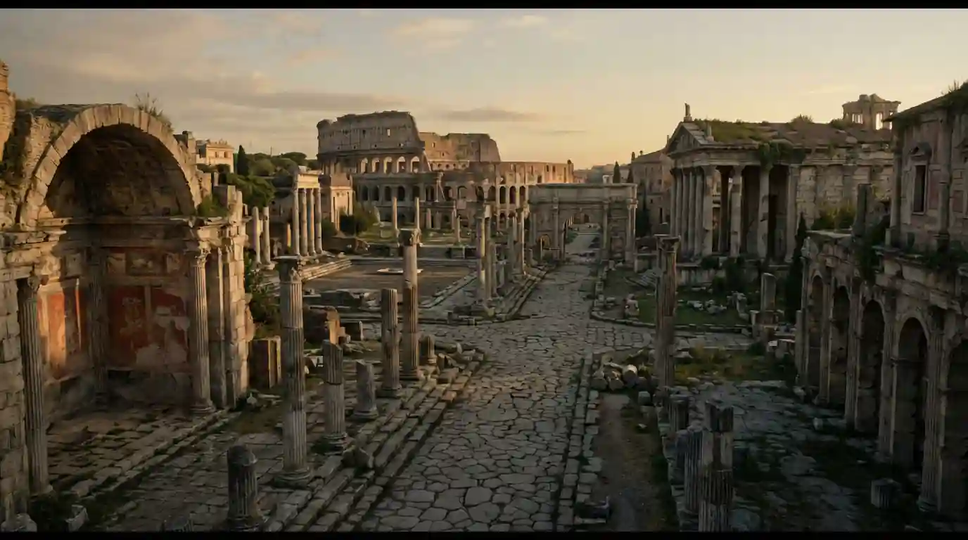 Abandoned ancient Roman city at sunset with broken columns, evoking the fall of Rome