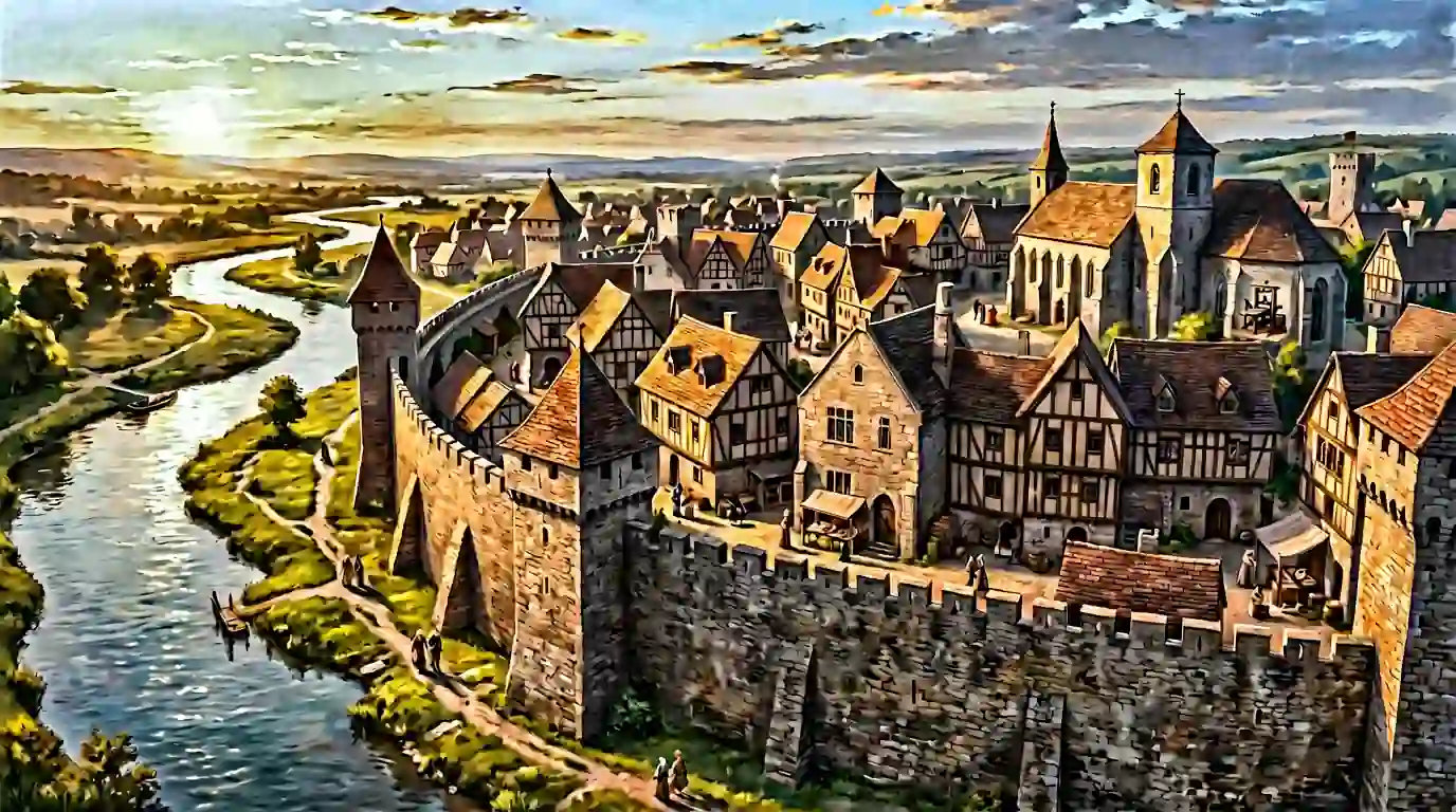Transition scene showing a medieval town evolving with early printing press