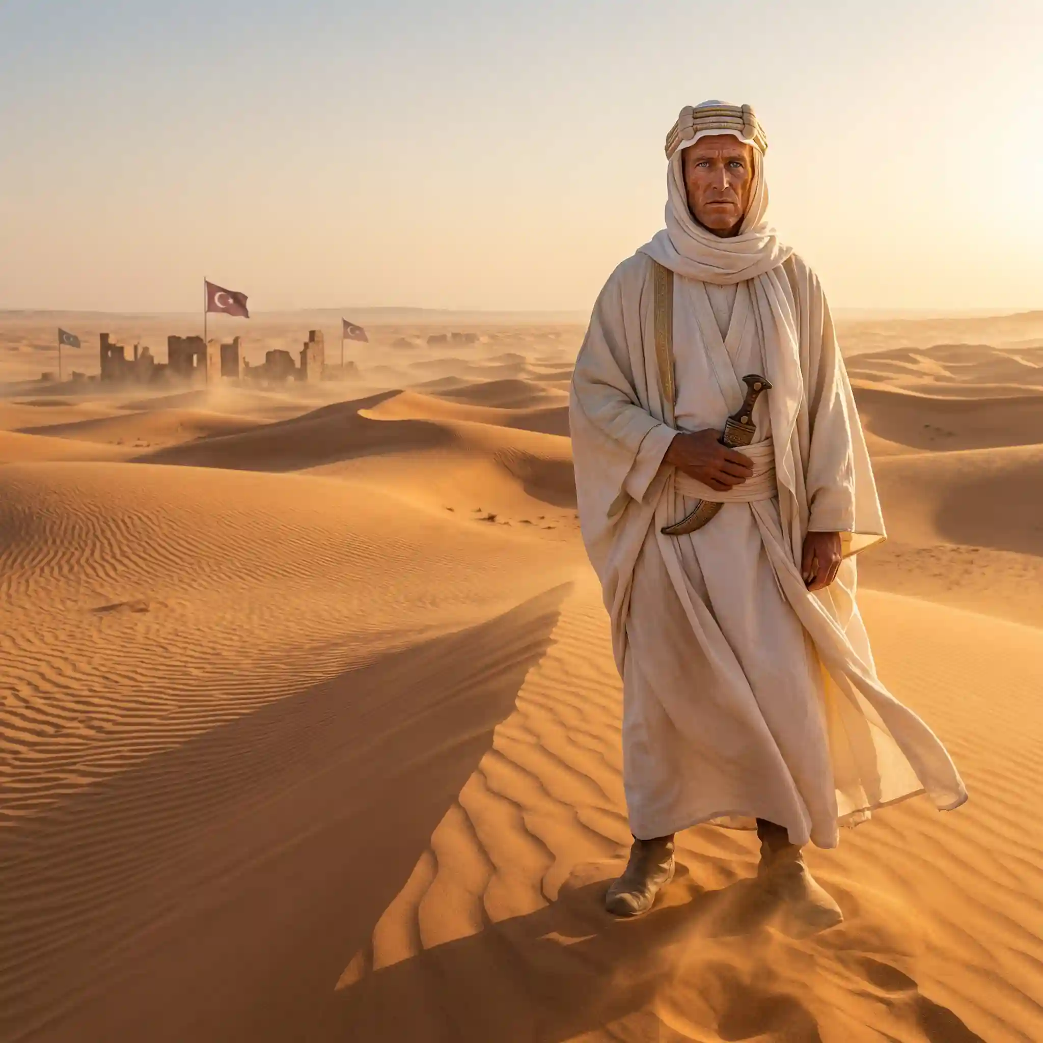 T.E. Lawrence wearing traditional Arab white robes and agal in the desert