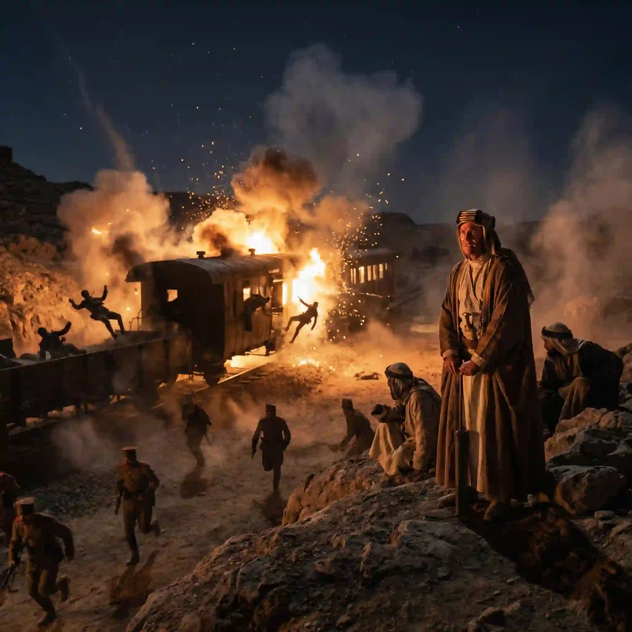 Historical depiction of the destruction and explosion of the Hejaz Railway in the Arabian desert