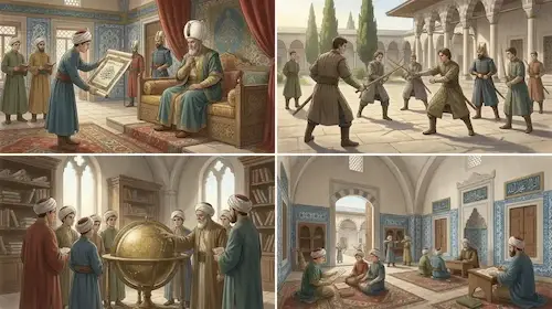 Enderun Palace School interior, students in Ottoman attire
